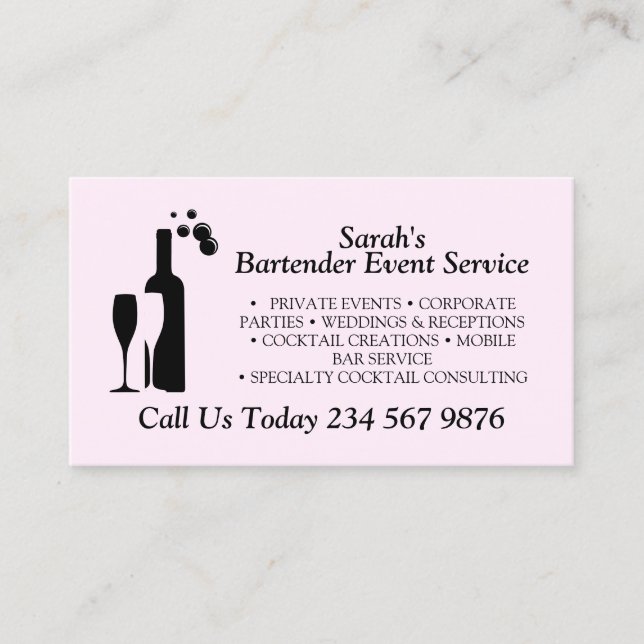 Carte De Visite Service de barman de cocktail Script Rose (Devant)