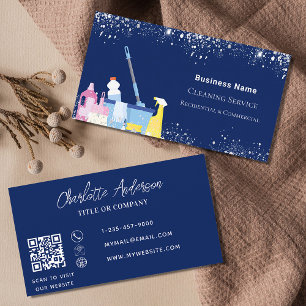 Carte De Visite Service de nettoyage bleu argent parties scintilla