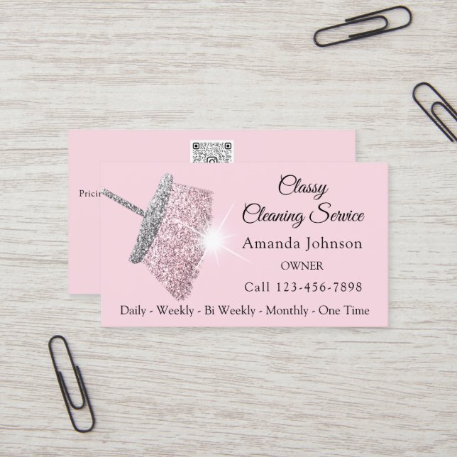 Carte De Visite Service de nettoyage classique Maid Pink Silver QR (Devant/Arrière en situation)