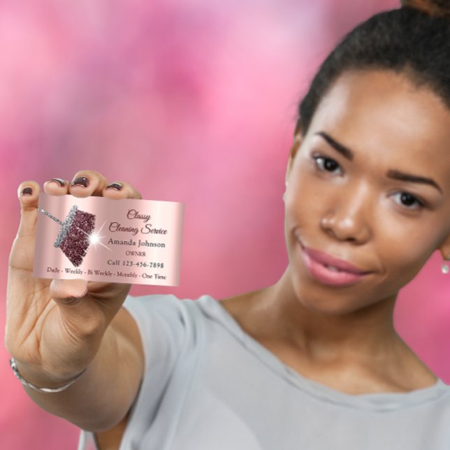 Carte De Visite Service De Nettoyage Classique Rose Argent Rose (Classy Cleaning Service Maid Rose Silver Pink Business Card)