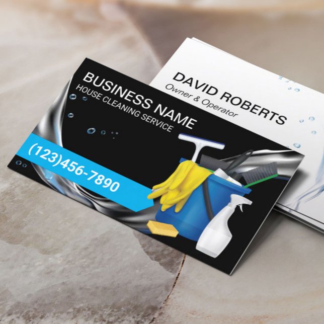 Carte De Visite Service de nettoyage de la maison Flux d'eau Noir (Créateur téléchargé)