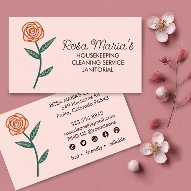 Carte De Visite Service de nettoyage de la maison Rose d'or Logo I (Cute custom rose illustrated business cards with social media icons. Edit to add your own text.)