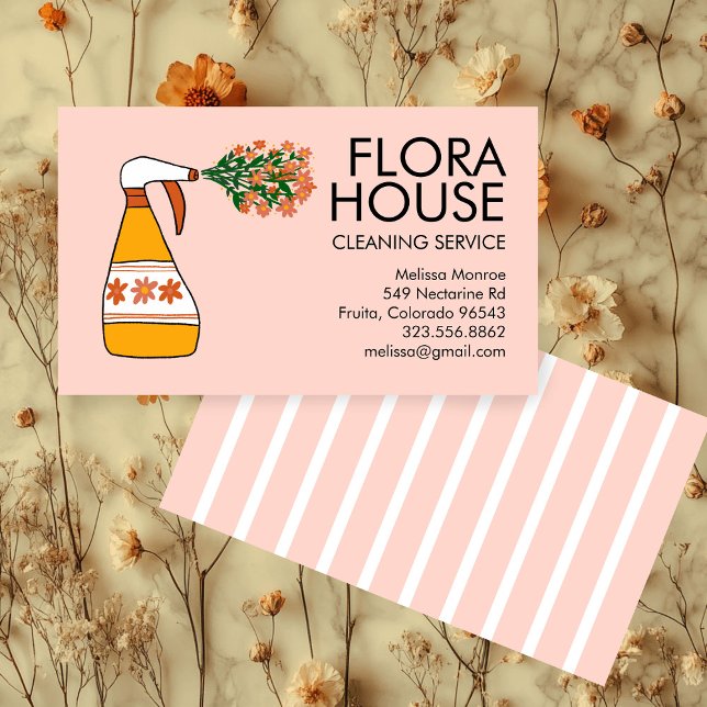 Carte De Visite Service de nettoyage des maisons florales Spray Bo (Floral House Cleaning Service Spray Bottle Retro Business Card
)