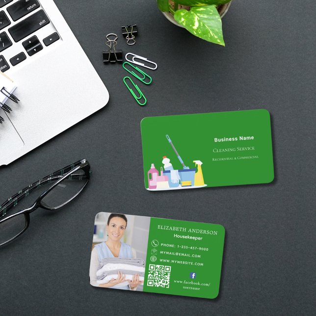 Carte De Visite Service de nettoyage forêt vert photo code QR (Créateur téléchargé)