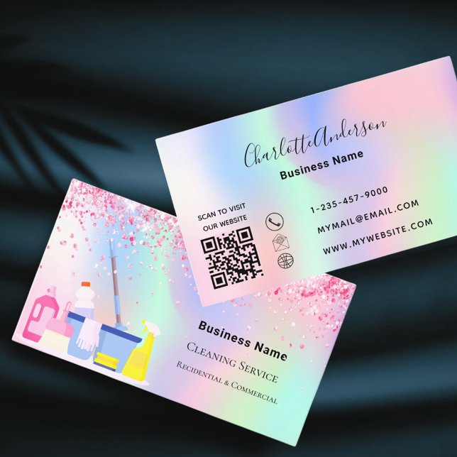 Carte De Visite Service de nettoyage holographique rose code QR (Créateur téléchargé)