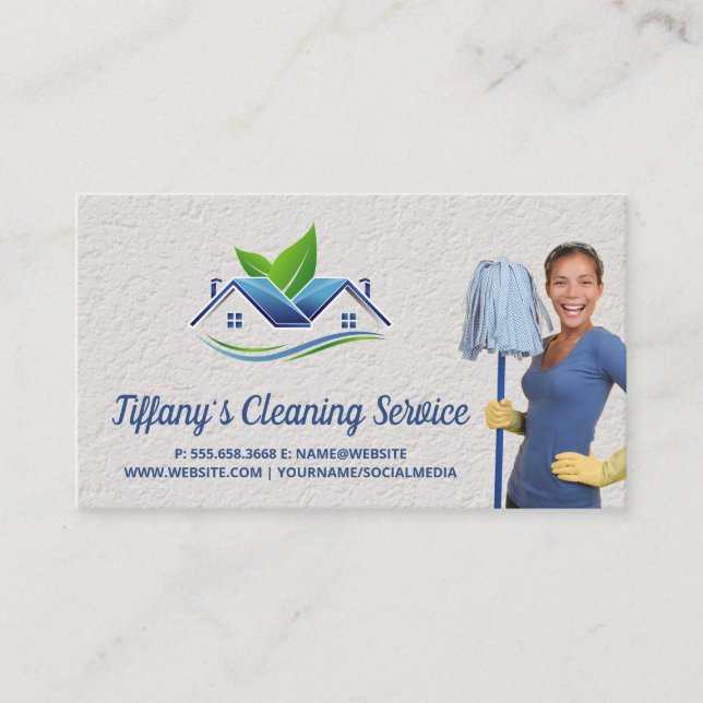 Carte De Visite Service de nettoyage | Maid Cleaning Holding Mop (Devant)