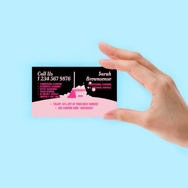 Carte De Visite Service de nettoyage noir rose Coupon Janitorial (Pink Black Cleaning Service Maid Janitorial Coupon Business Card)