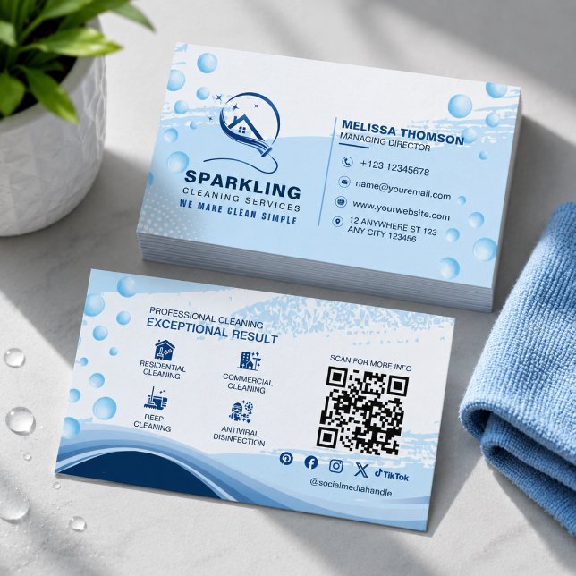 Carte De Visite Service de nettoyage professionnel bleu blanc mode (Créateur téléchargé)