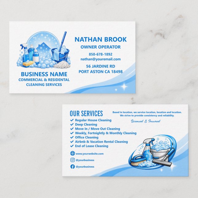 Carte De Visite Service de nettoyage professionnel de maison Bleu  (Devant / Derrière)