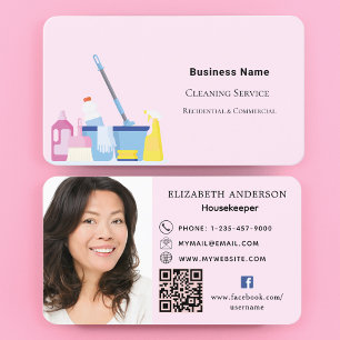 Carte De Visite Service de nettoyage rose QR code photo