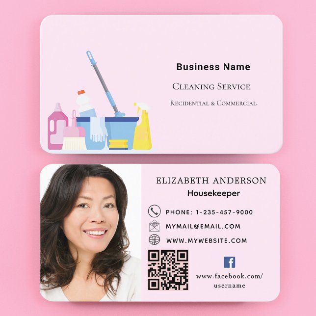 Carte De Visite Service de nettoyage rose QR code photo (Créateur téléchargé)