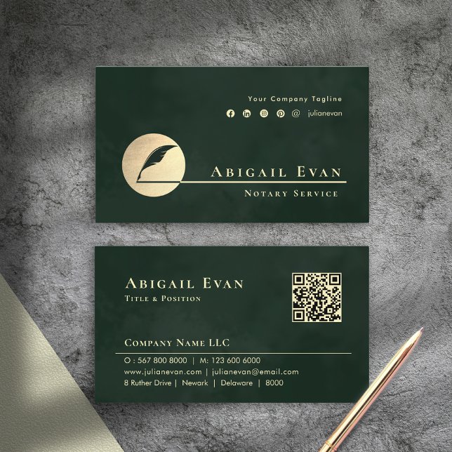 Carte De Visite Service de notaire de logo de plume d'or vert émer (Emerald Green Gold Feather Logo Notary Service Business Card)