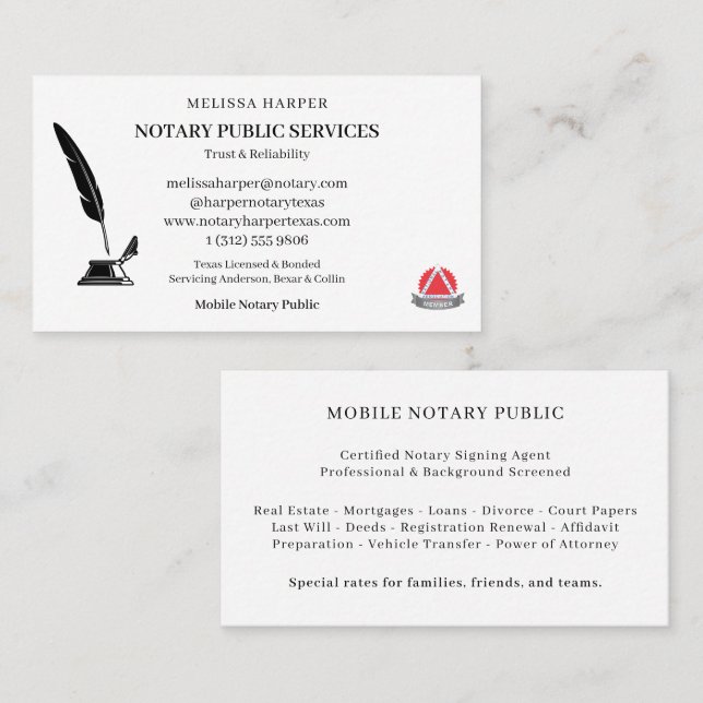 Carte De Visite Service de notaire public mobile  (Devant / Derrière)