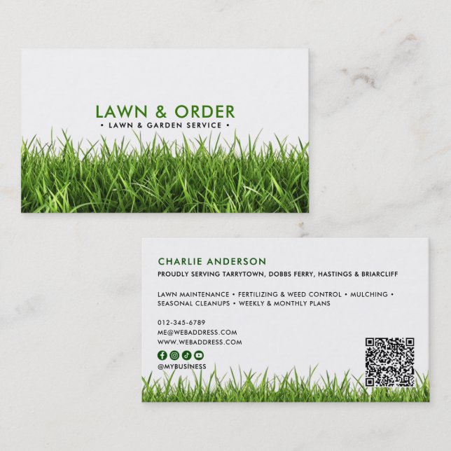 Carte De Visite Service de pelouse/jardin Grass vert QR Code & Soc (Devant / Derrière)