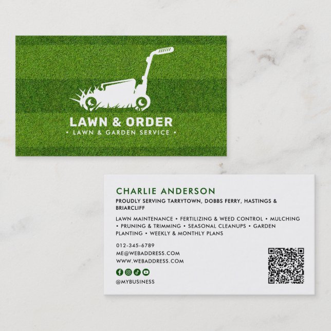 Carte De Visite Service de pelouse/jardin Grass vert QR Code & Soc (Devant / Derrière)