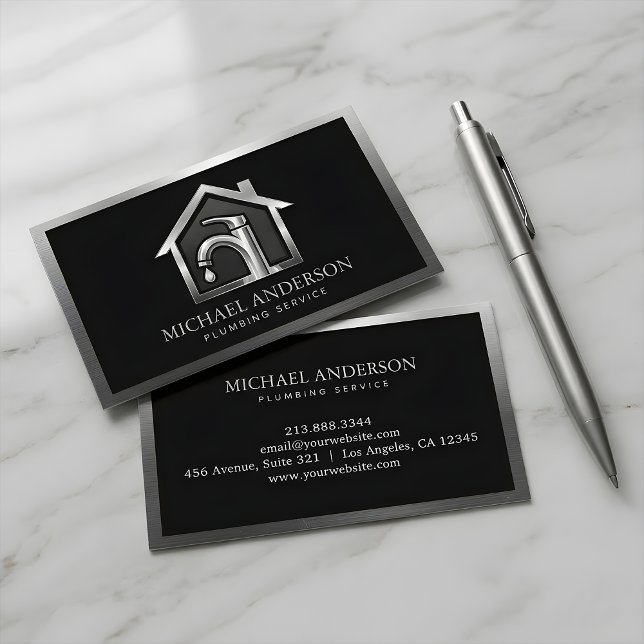 Carte De Visite Service de plomberie de luxe professionnel argent  (Créateur téléchargé)
