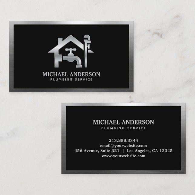 Carte De Visite Service de plomberie de luxe professionnel argent  (Devant / Derrière)
