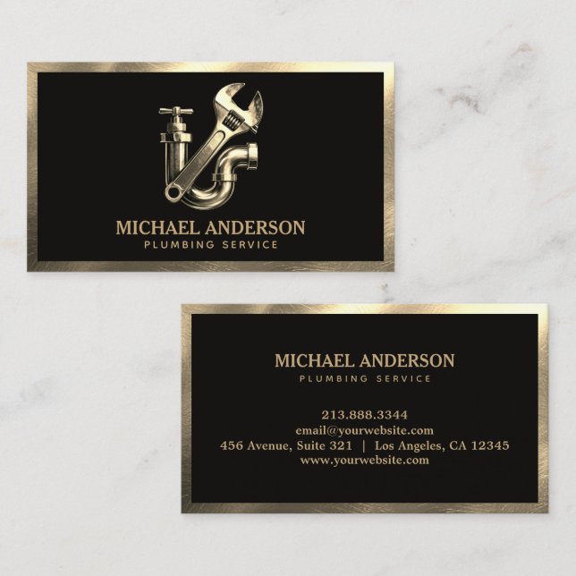 Carte de visite Service de plomberie Luxe Noir Or  (Devant / Derrière)