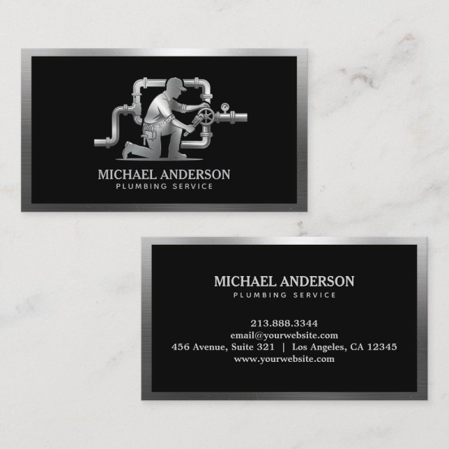 Carte De Visite Service de plomberie luxe professionnel argent noi (Devant / Derrière)