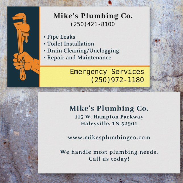 Carte De Visite Service de plomberie personnalisé Professionnel (Plumbing Orange and Blue Pipe Wrench Plumber Business Card)