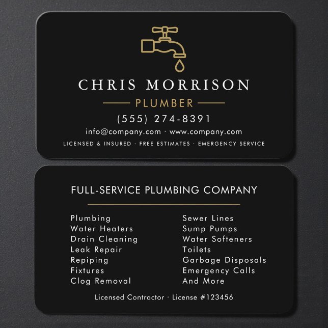 Carte De Visite Service de plomberie professionnel Black Gold (Créateur téléchargé)