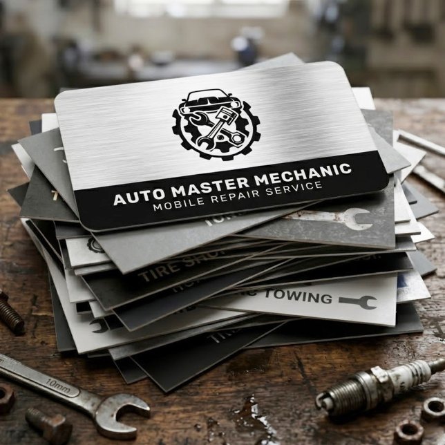 CARTE DE VISITE SERVICE DE RÉPARATION AUTOMOBILE | MÉCANICIEN AUTO (This stylish and manly auto mechanic repair service business card)