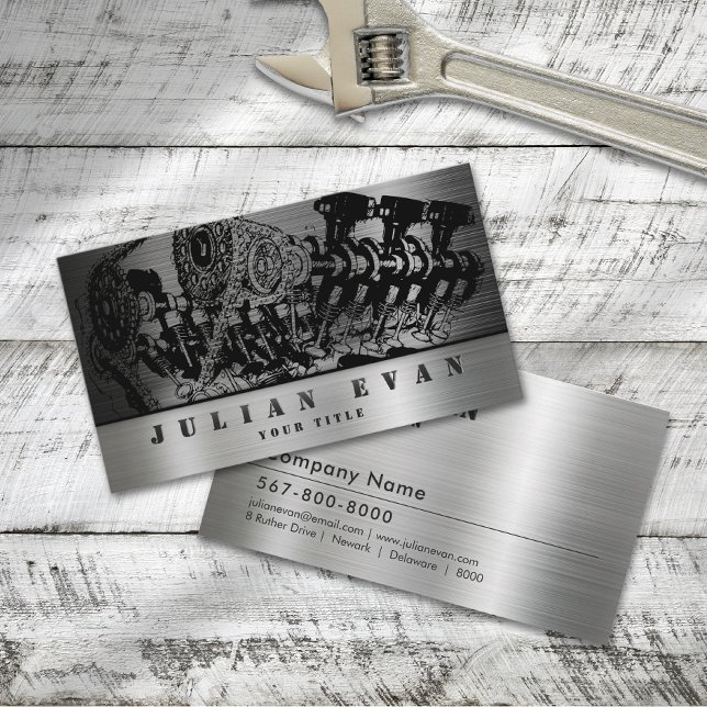 Carte De Visite Service de réparation automobile mécanique métalli (Shiny Metallic Mechanic Automotive Repair Service Business Card)