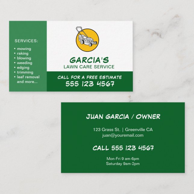 Carte De Visite Service de soins de pelouse vert professionnel (Devant / Derrière)