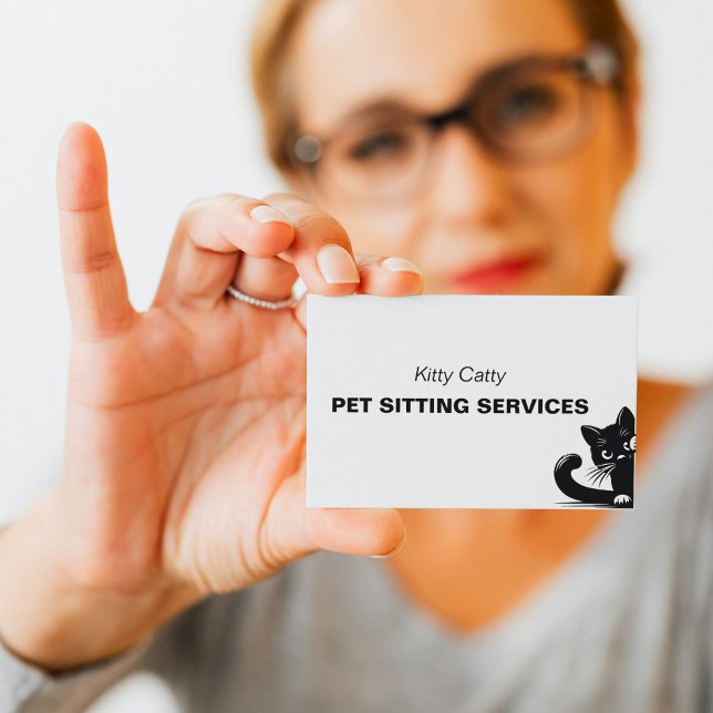 Carte De Visite Service de soins minimaux pour animaux de compagni (Minimal Black Cat Peeking Pet Sitter Service Business Card)