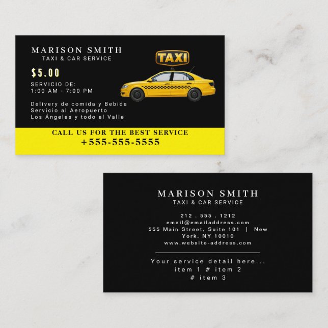 Carte De Visite Service de Taxi Professionnel  (Devant / Derrière)