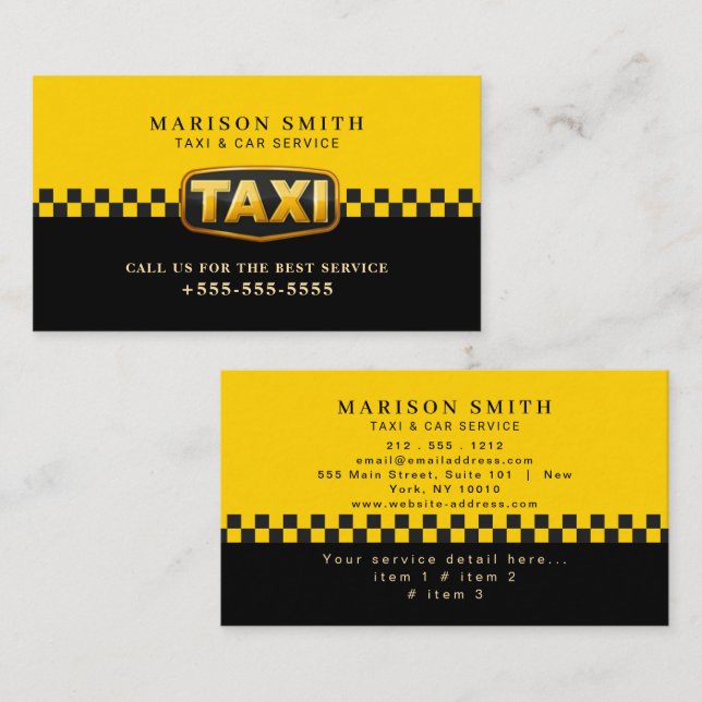 Carte De Visite Service de Taxi Professionnel  (Devant / Derrière)