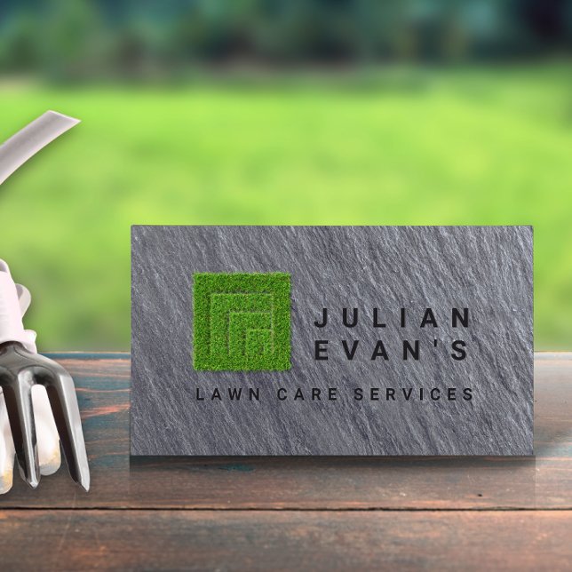 Carte De Visite Service d'entretien de la pelouse moderne en pierr (Modern Black Stone Landscaping Lawn Care Service Business Card )