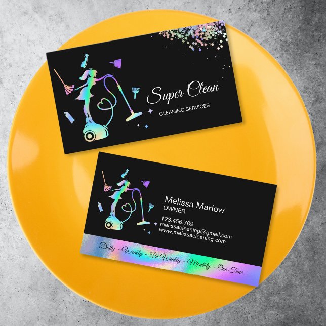 Carte De Visite Services de bureau Nettoyage Rose domestique (holographic maid on the vacuum cleaner surrounded with cleaning tools)