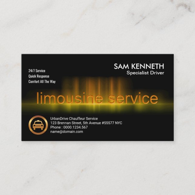 Carte De Visite Services de Chauffeur d'onde de limousine dorée (Devant)