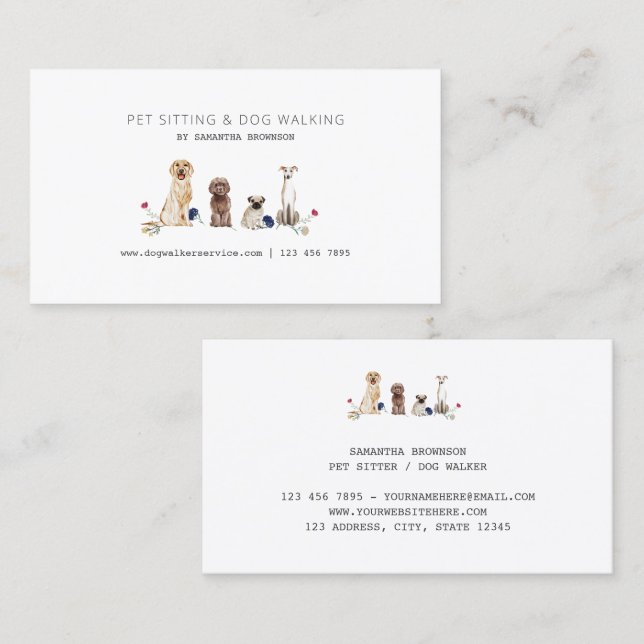 Carte De Visite Services de garde d'animaux à l'aquarelle et de pr (Devant / Derrière)