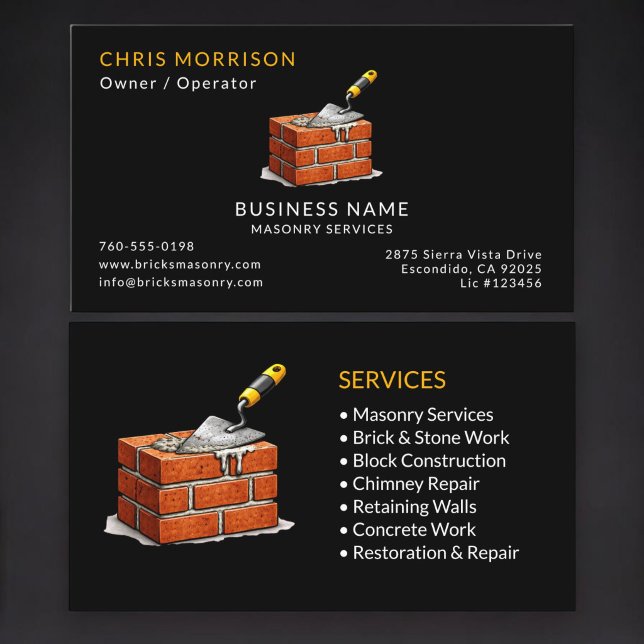 Carte De Visite Services de Maçonnerie Noirs Professionnel (Créateur téléchargé)