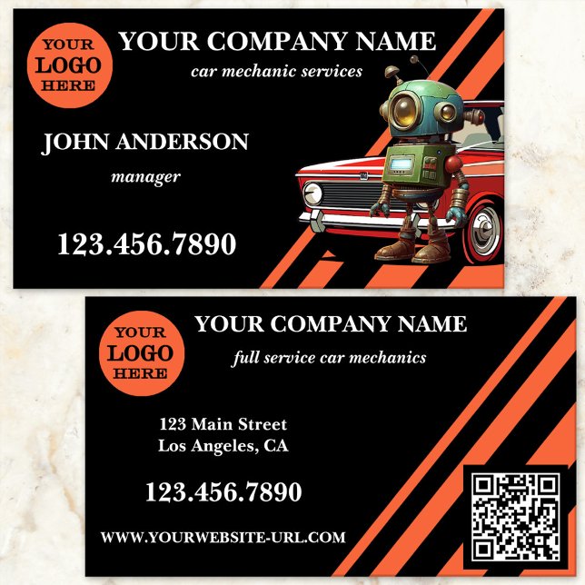 Carte De Visite Services de mécanicien automobile professionnel (Car mechanic repair business card showing an eye-catching design in black and orange - with QR code)