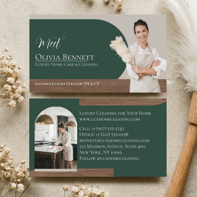Carte De Visite Services de Ménage de Maison de Luxe Photo Vert (Luxury House Cleaning Maid Services Photo Green Business Card)