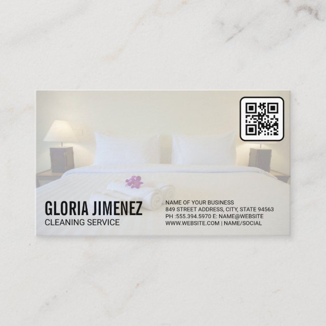 Carte De Visite Services de nettoyage | Chambre d'hôtel | Code QR (Devant)