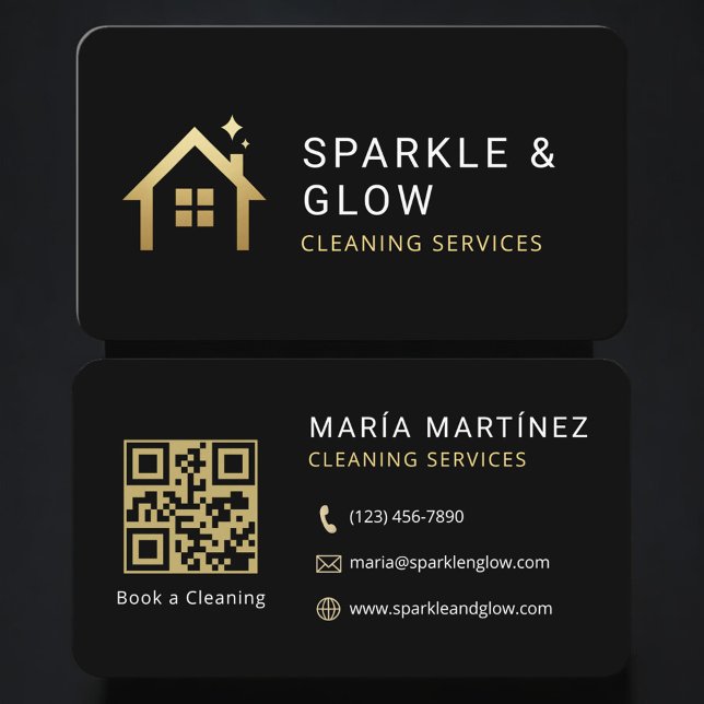 Carte De Visite Services de nettoyage Code QR Black Gold Professio (Créateur téléchargé)