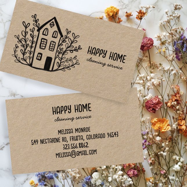 Carte De Visite Services de nettoyage de la maison Doodle tiré à l (House Cleaning Services Hand Drawn Doodle Kraft Business Card
)