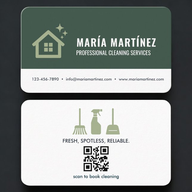 Carte De Visite Services de nettoyage de maison Code QR vert (Créateur téléchargé)