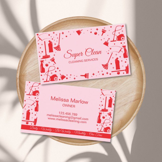 Carte De Visite Services de nettoyage de maison de ménage unique p (cleaning services logo business cards, red and pink)