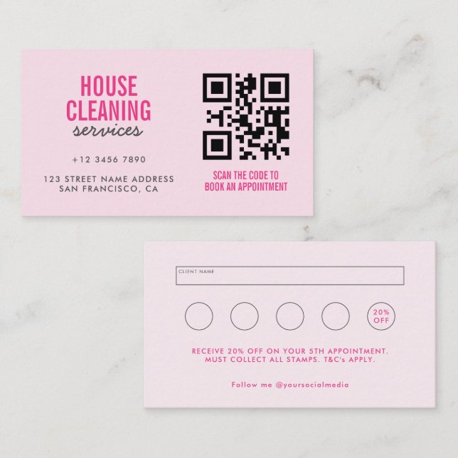 Carte De Visite Services de nettoyage de maison rose Code QR Fidél (Devant / Derrière)