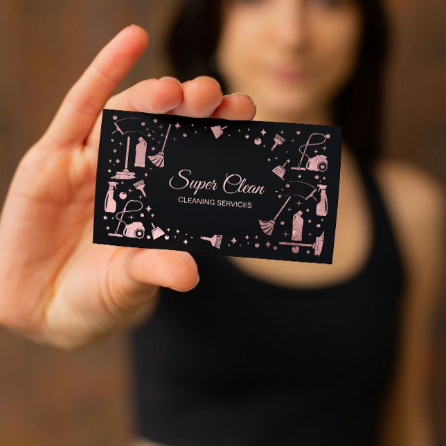Carte De Visite Services de nettoyage de maison uniques et profess (ROSE GOLD CLEANING TOOLS  ON THE BLACK BACKGROUND BUSINESS CARD)