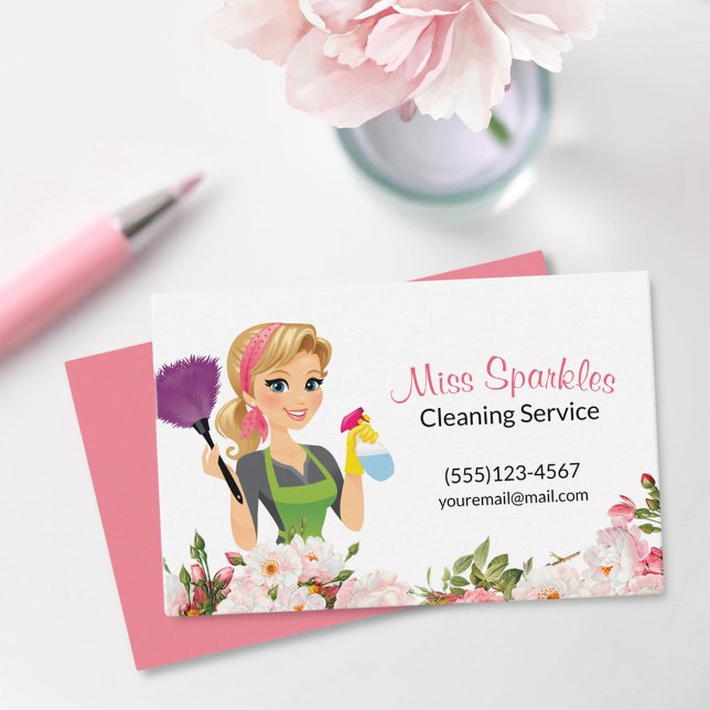 Carte De Visite Services de nettoyage de maisons de ménage rose fl (Créateur téléchargé)