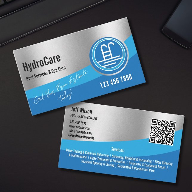 Carte De Visite Services de nettoyage d'entretien de piscine profe (pool cleaning and maintenance business card logo with silver background)