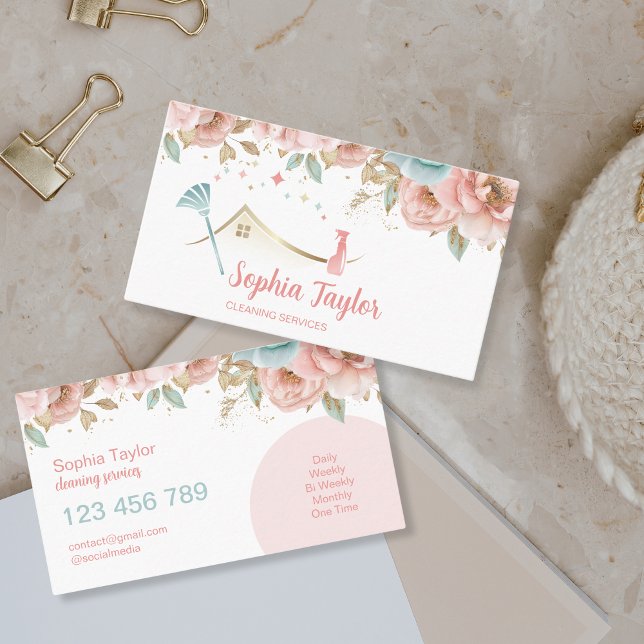 Carte De Visite Services de nettoyage Floral Moderne (modern floral cleaning logo, gold, teal, pink color)