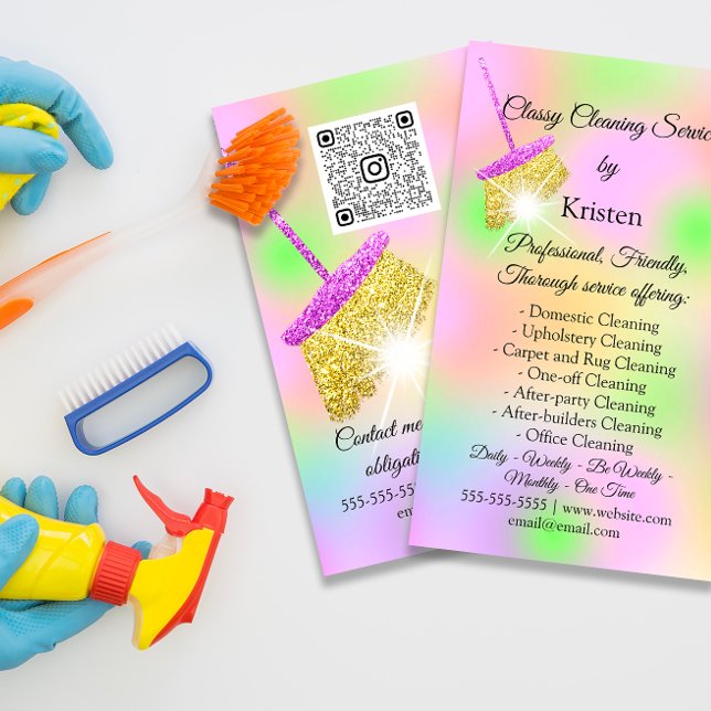 Carte De Visite Services de nettoyage Garder la salle du logo QRCo (Cleaning Services Holograph QR CODE PINK GOLD FLORENCEK)