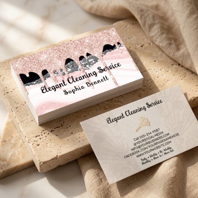 Carte De Visite Services de nettoyage Luxe Rose Blush et Argent (Créateur téléchargé)